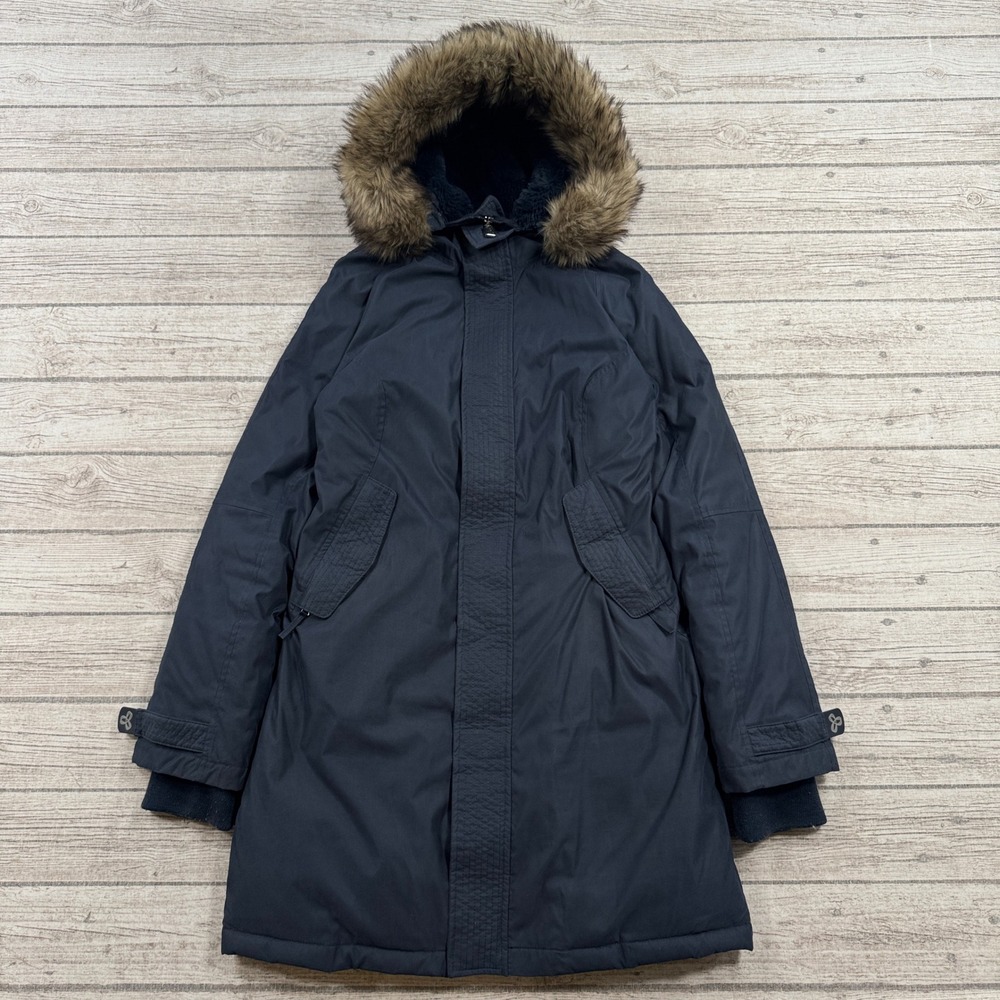 TNA Avoriaz Parka Women's M Navy Blue Down Hooded Faux Fur 700 Fill Goose Down